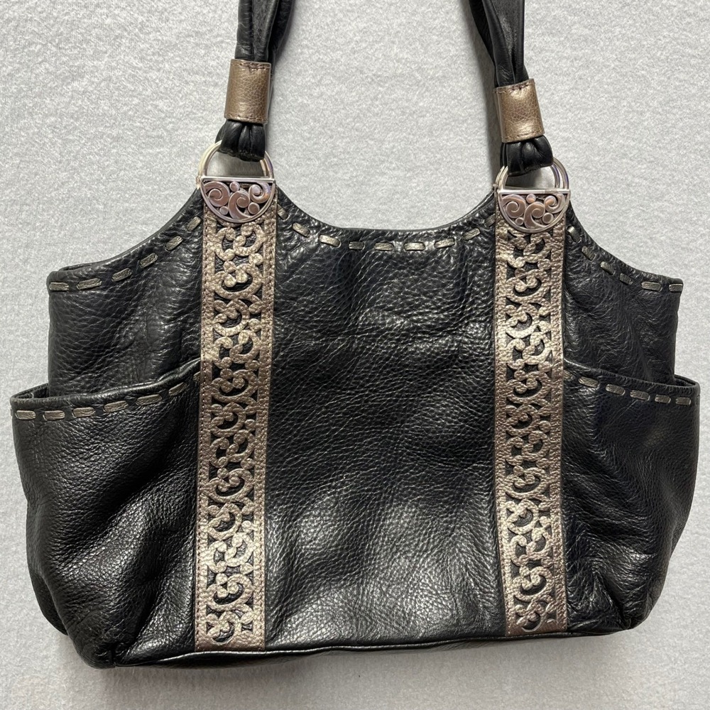 Brighton Black Pebbled Leather Shoulder Tote Satchel Silver Cutout Large Bag